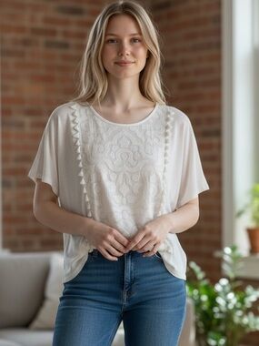J. Crew Linen Tassel Sheer Panel Embroidered Short-Sleeve Tee T Shirt Top